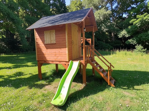 Domek dla dzieci 230x150 - z huśtawkami, zjeżdżalnią, tarasem